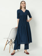 Fab Fashion Alia Cut Peacock Blue Pure Cotton V Neck Top+Pant - Distacart