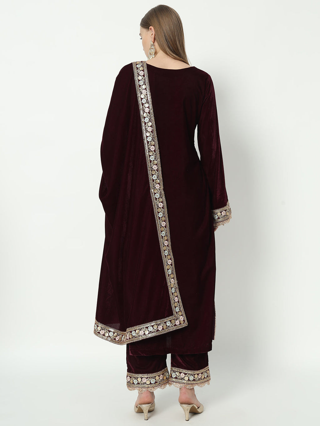 Fab Fashion Wine Velvet Side High Slit Suit Full Set