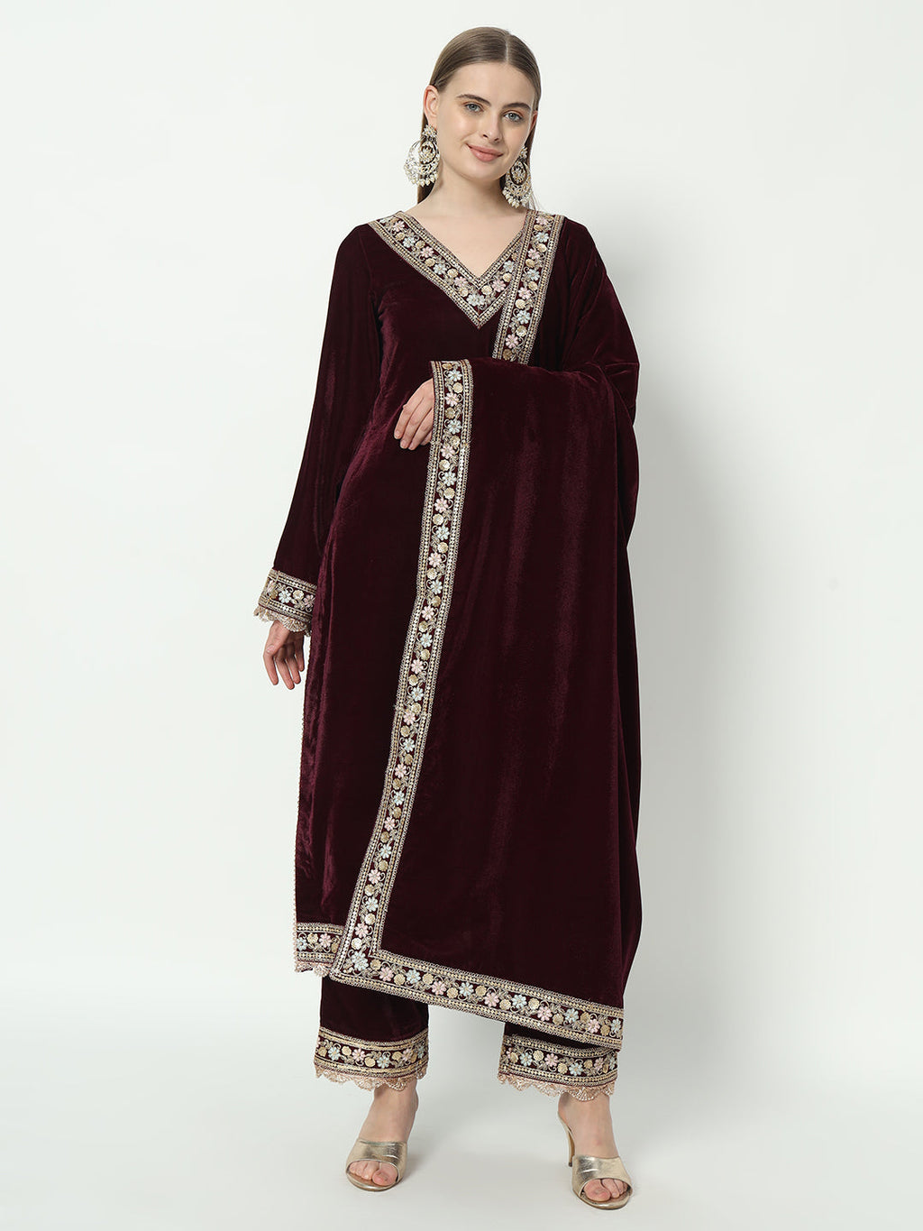 Fab Fashion Wine Velvet Side High Slit Suit Full Set