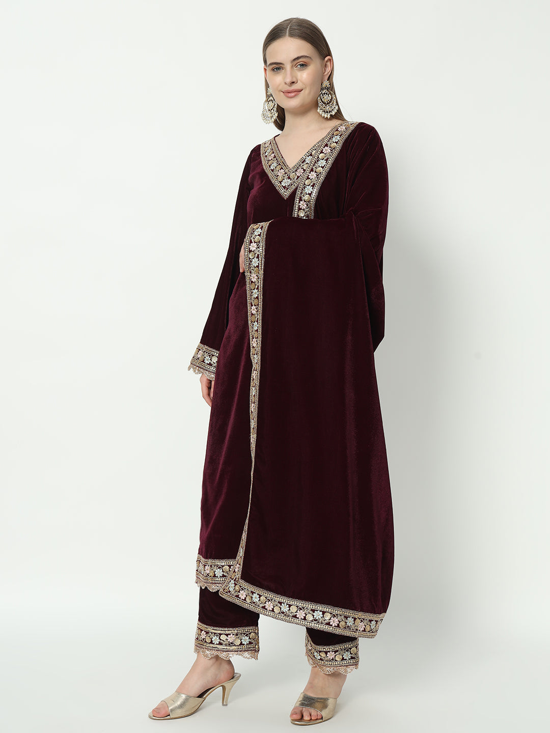 Fab Fashion Wine Velvet Side High Slit Suit Full Set