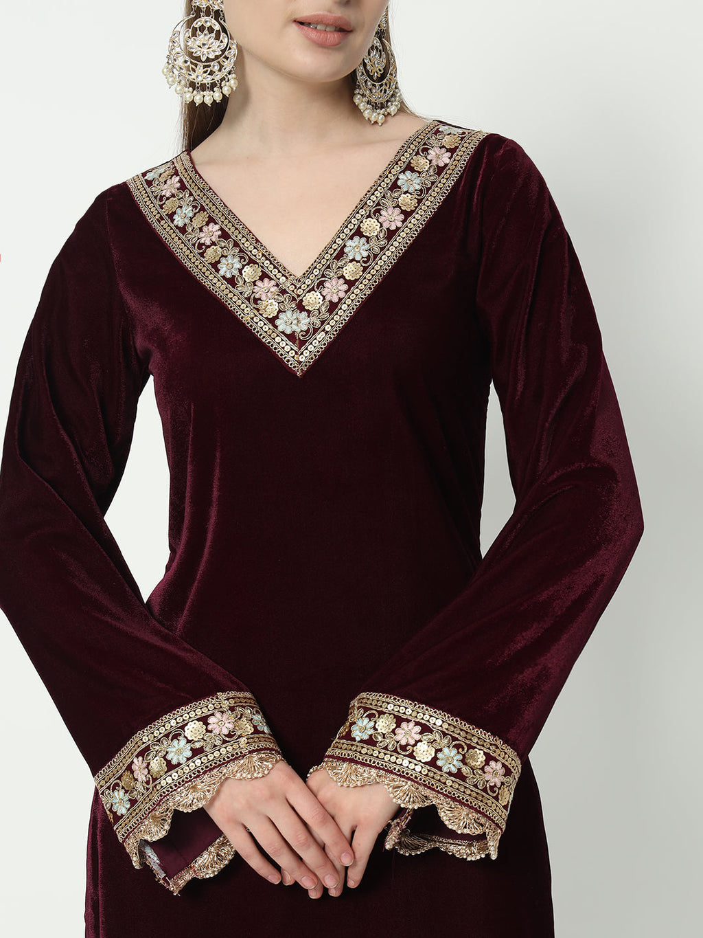 Fab Fashion Wine Velvet Side High Slit Suit Full Set