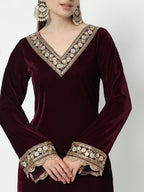 Fab Fashion Wine Velvet Side High Slit Suit Full Set