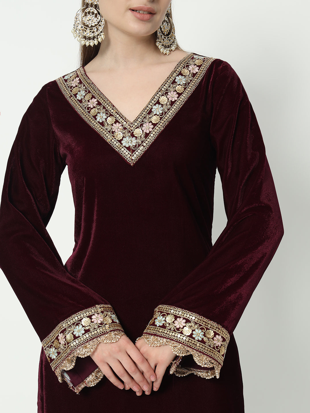 Fab Fashion Wine Velvet Side High Slit Suit Full Set