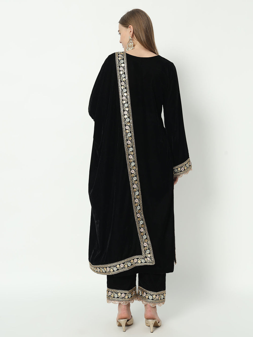 Fab Fashion Black Velvet Side High Slit Suit Full Set - Distacart