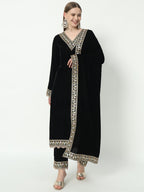Fab Fashion Black Velvet Side High Slit Suit Full Set - Distacart