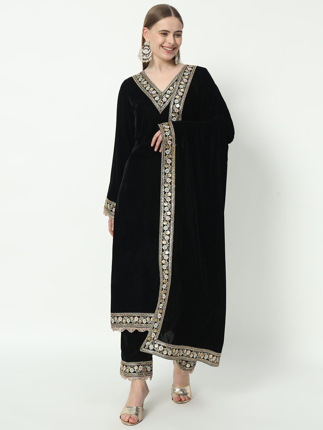 Fab Fashion Black Velvet Side High Slit Suit Full Set - Distacart