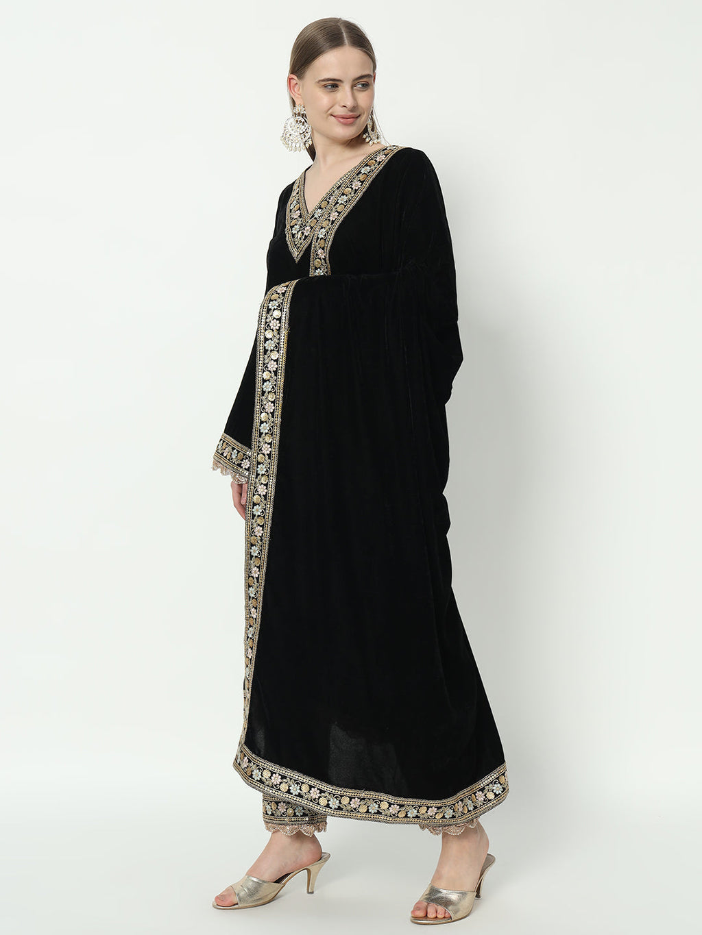 Fab Fashion Black Velvet Side High Slit Suit Full Set - Distacart