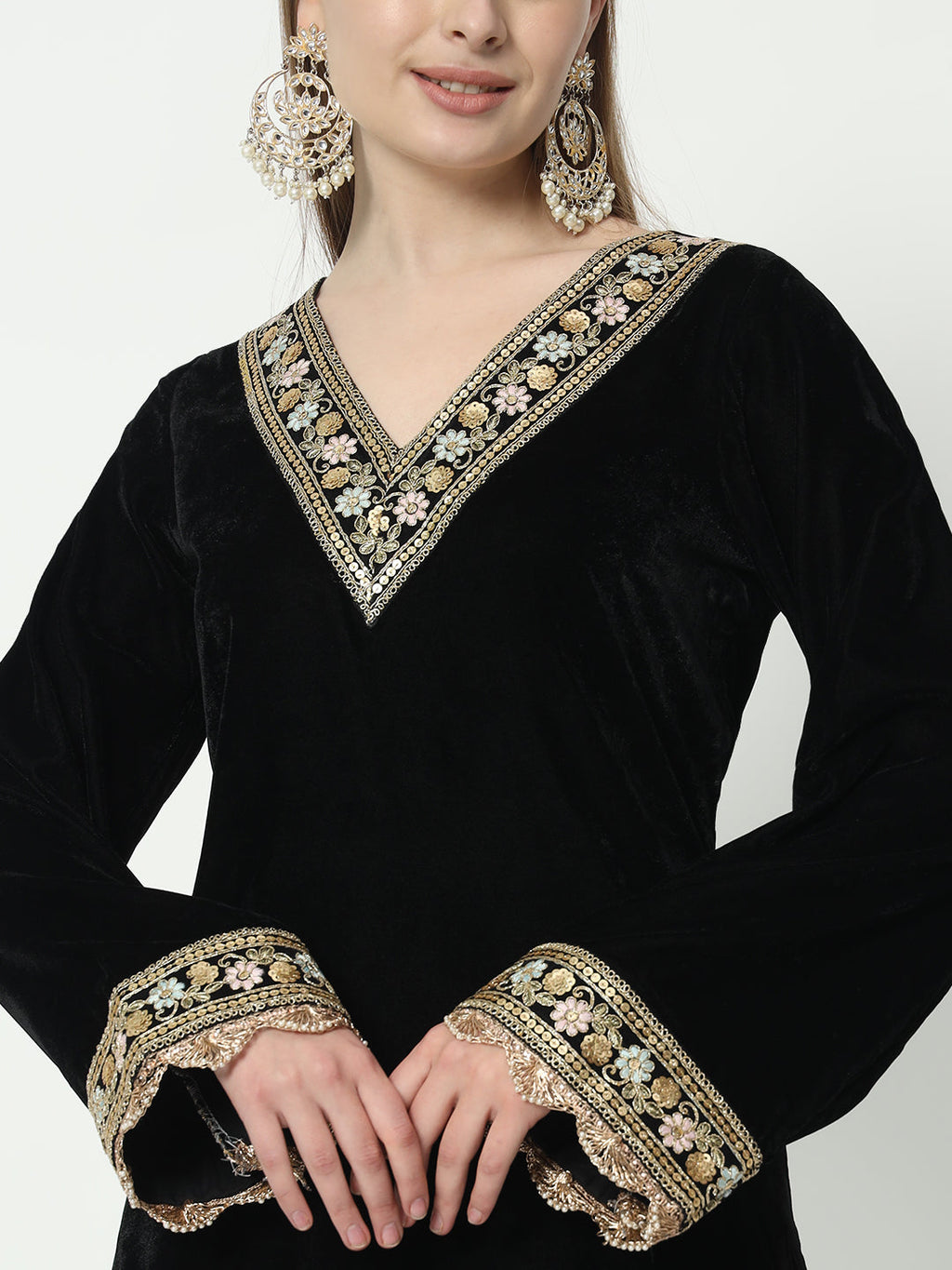 Fab Fashion Black Velvet Side High Slit Suit Full Set - Distacart