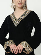 Fab Fashion Black Velvet Side High Slit Suit Full Set - Distacart