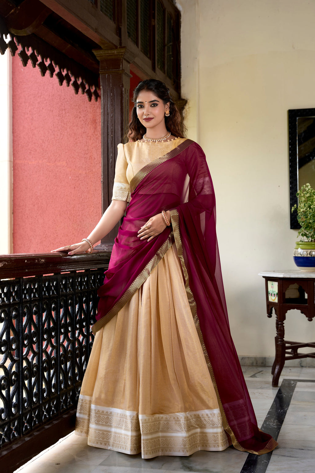 Lorenvalley Cream Kanchipuram Zari Weaving Work Lehenga Choli