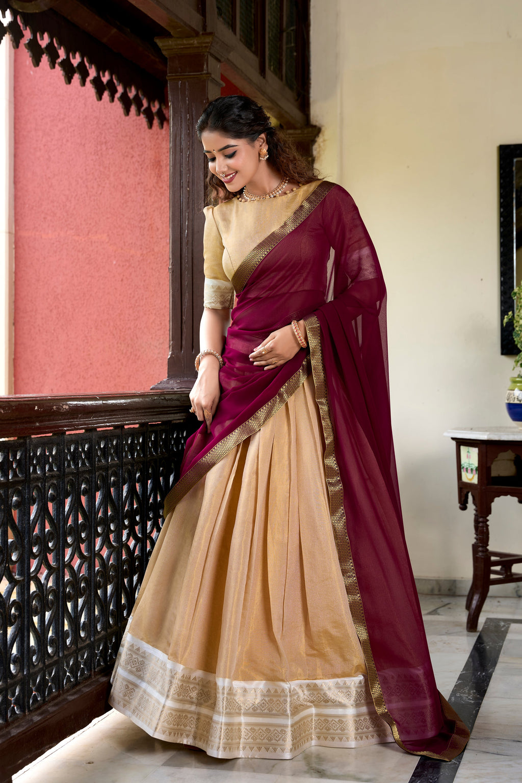 Lorenvalley Cream Kanchipuram Zari Weaving Work Lehenga Choli