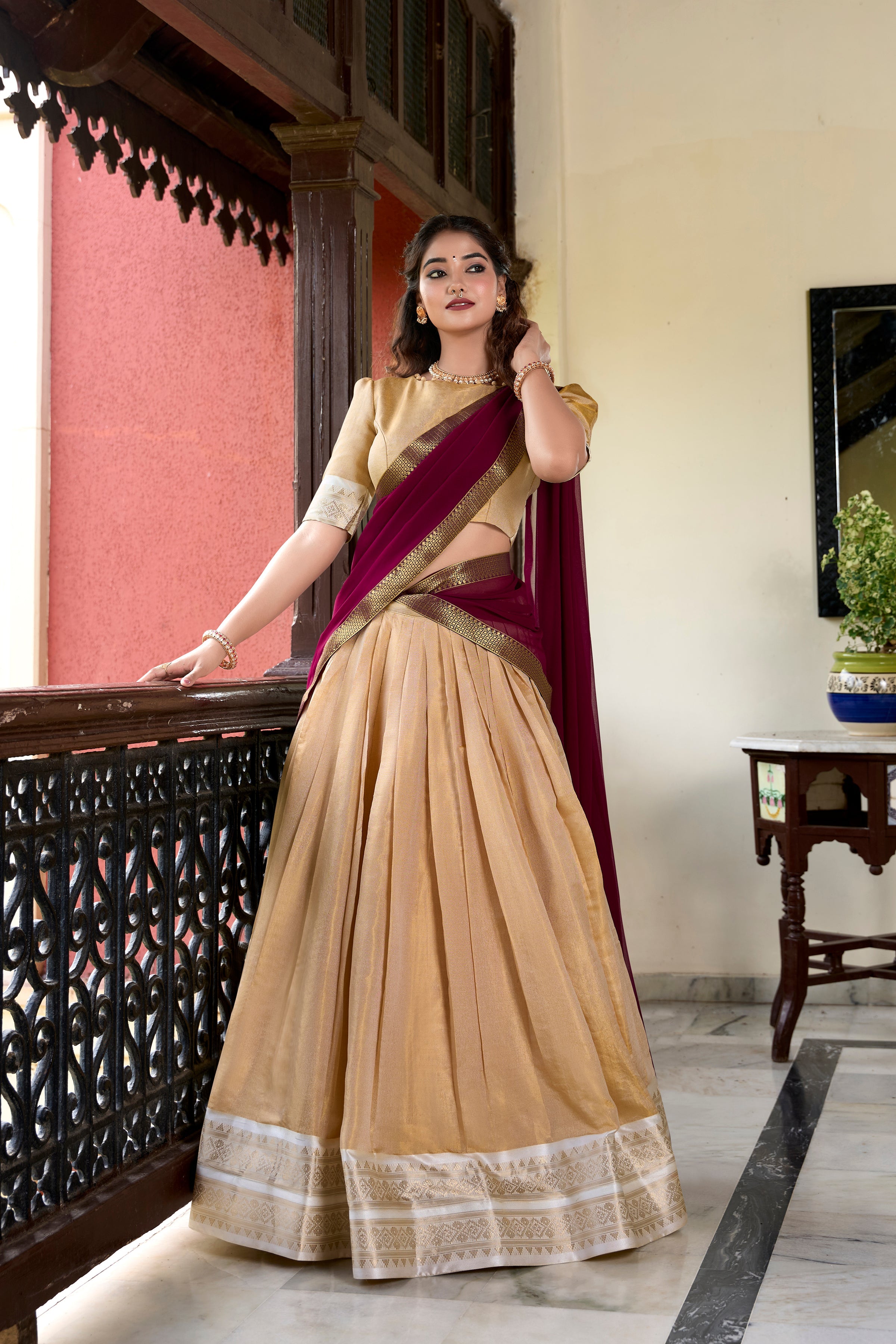 Lorenvalley Cream Kanchipuram Zari Weaving Work Lehenga Choli