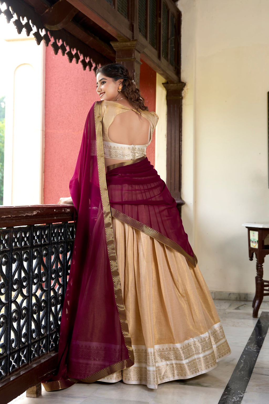 Lorenvalley Cream Kanchipuram Zari Weaving Work Lehenga Choli
