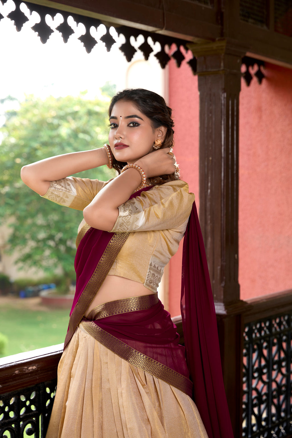 Lorenvalley Cream Kanchipuram Zari Weaving Work Lehenga Choli