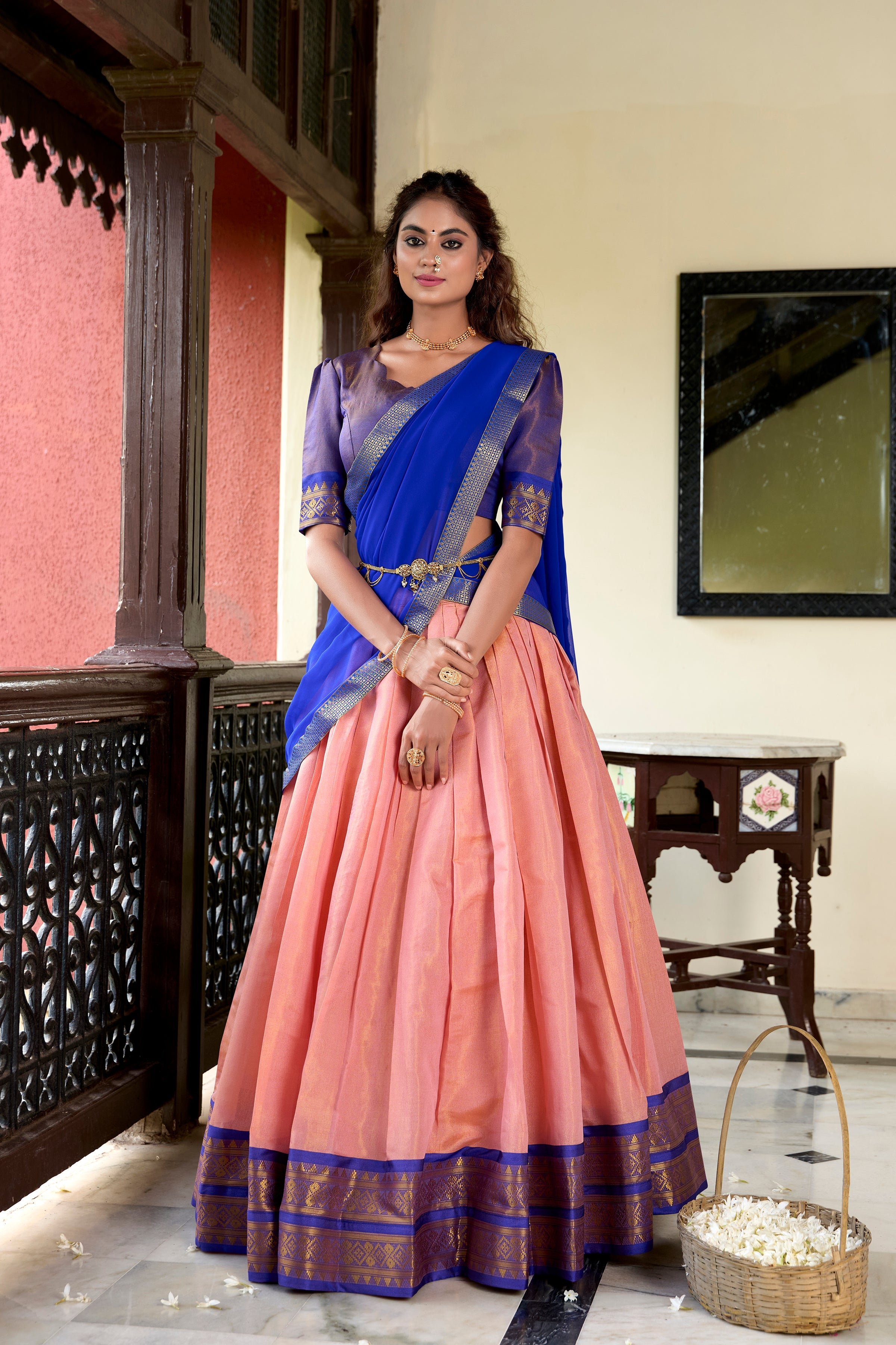 Lorenvalley Peach Kanchipuram Zari Weaving Work Lehenga Choli
