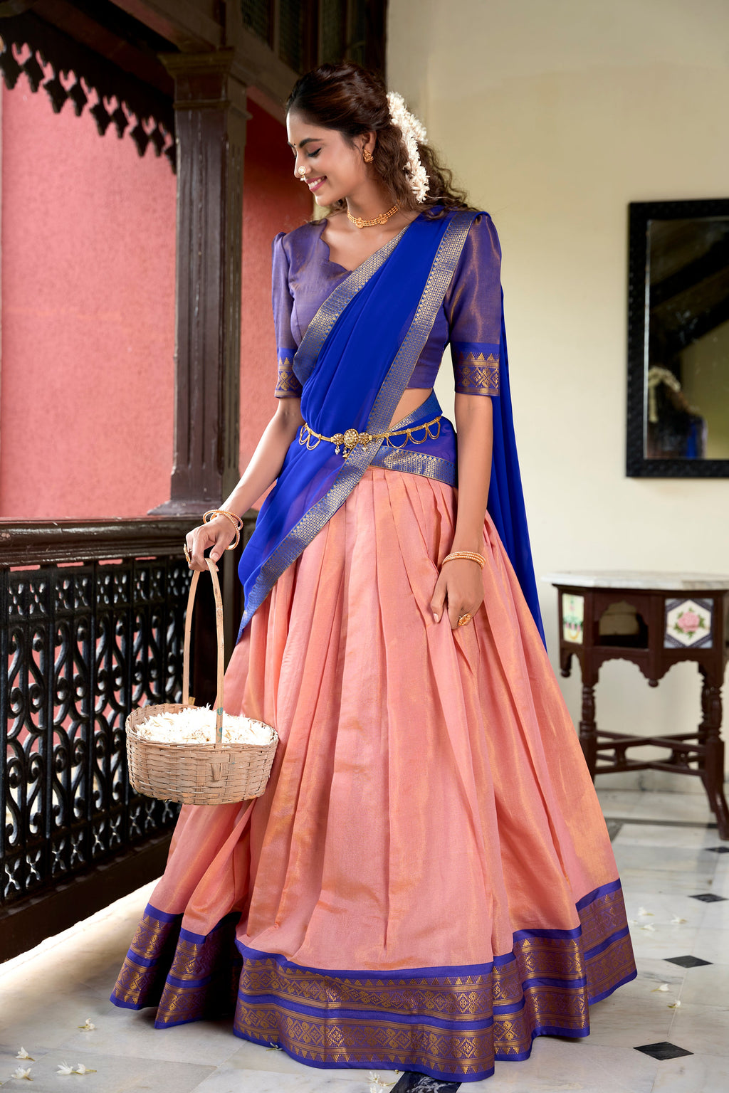 Lorenvalley Peach Kanchipuram Zari Weaving Work Lehenga Choli