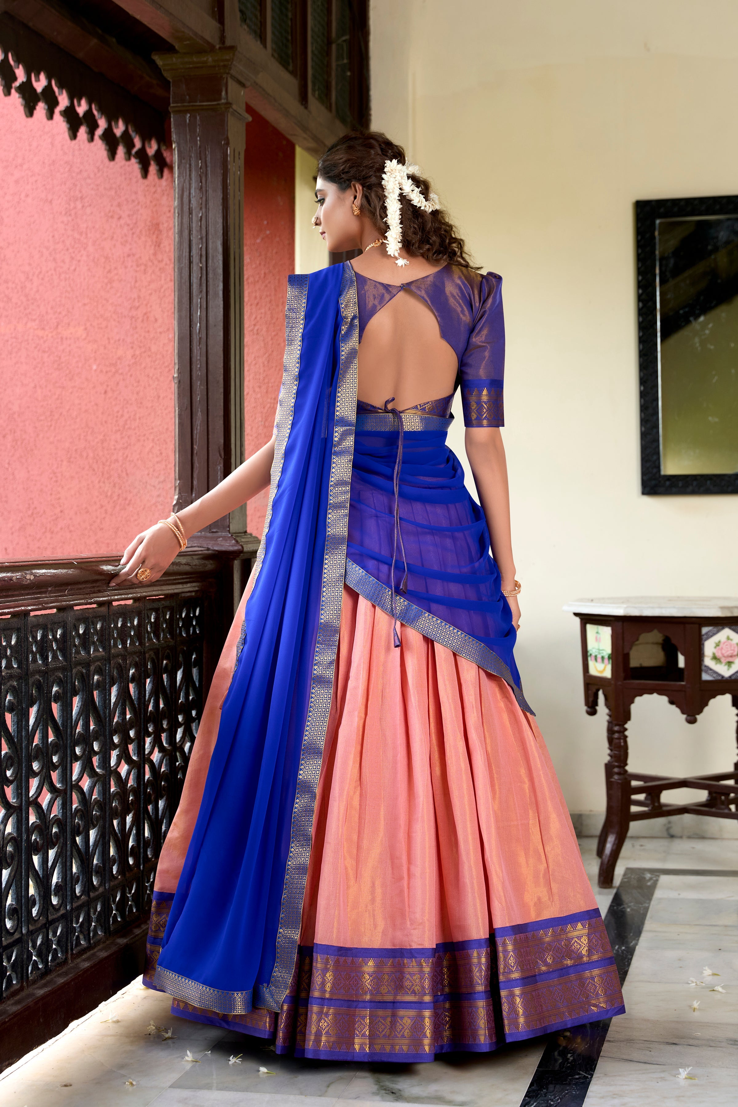 Lorenvalley Peach Kanchipuram Zari Weaving Work Lehenga Choli