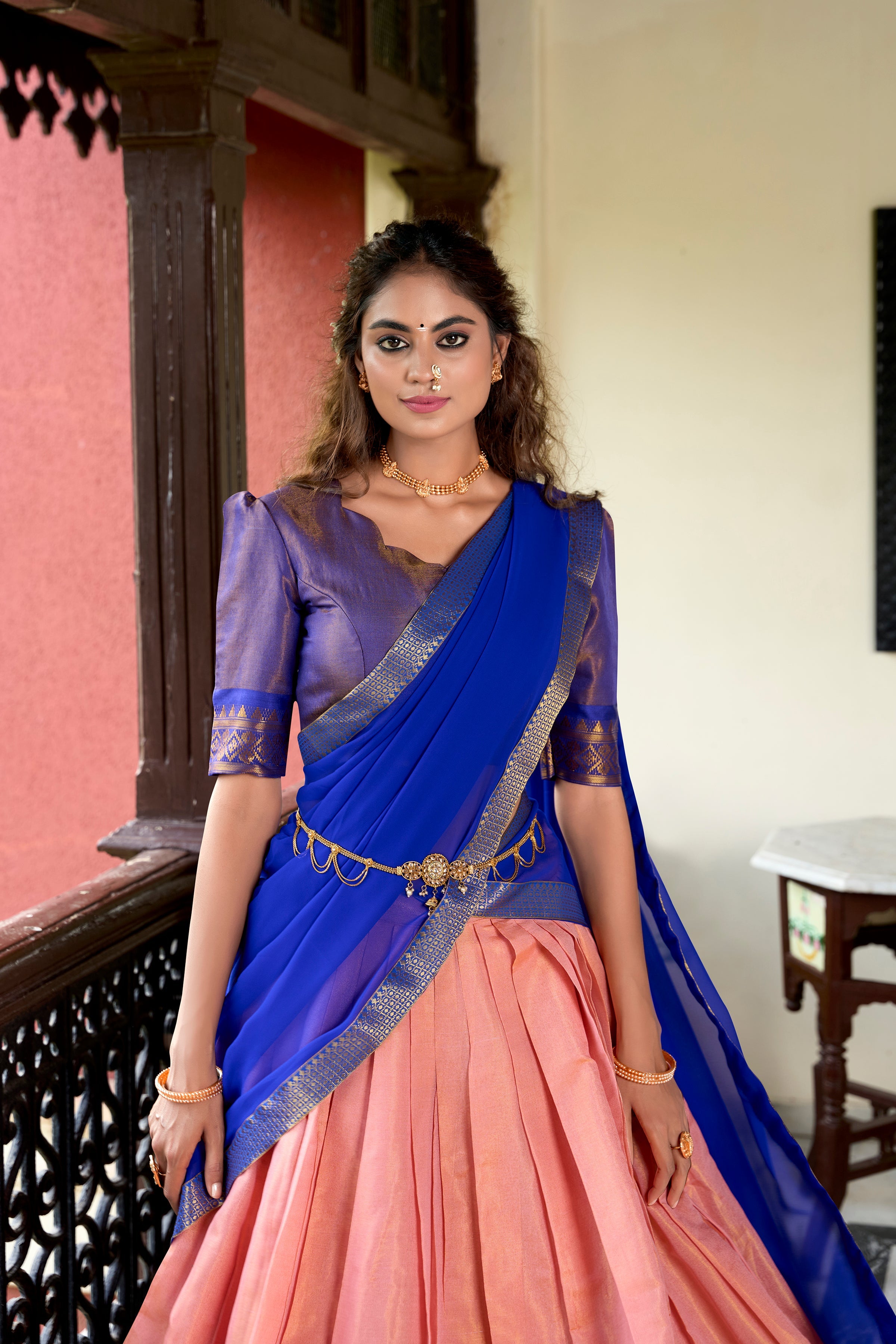 Lorenvalley Peach Kanchipuram Zari Weaving Work Lehenga Choli