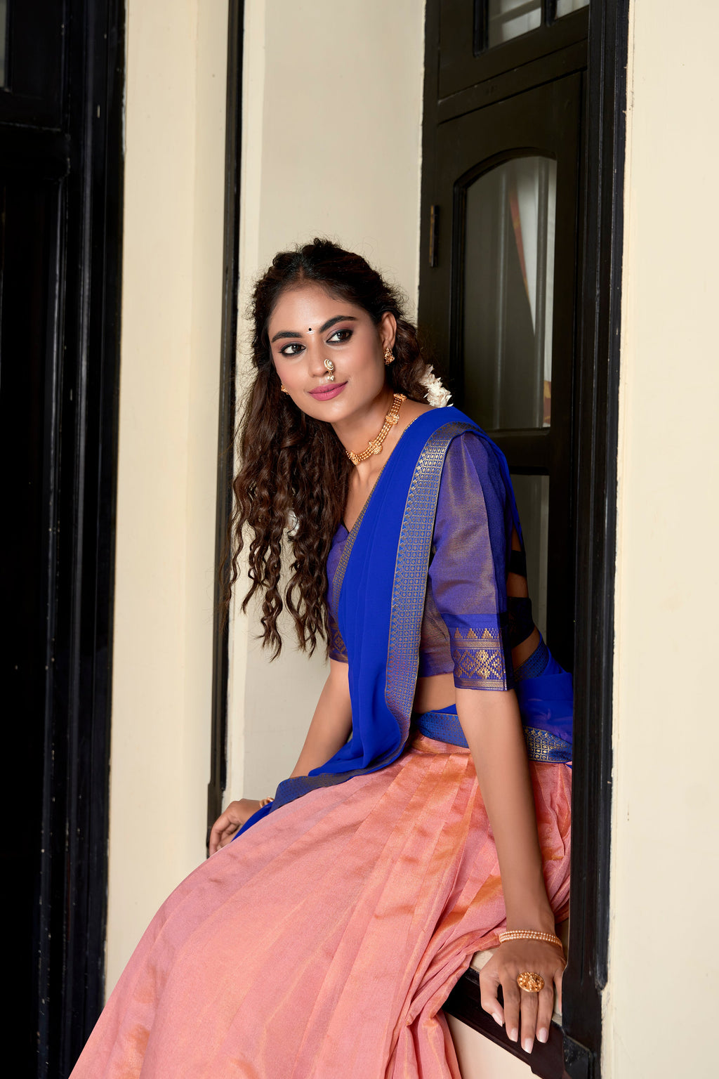 Lorenvalley Peach Kanchipuram Zari Weaving Work Lehenga Choli