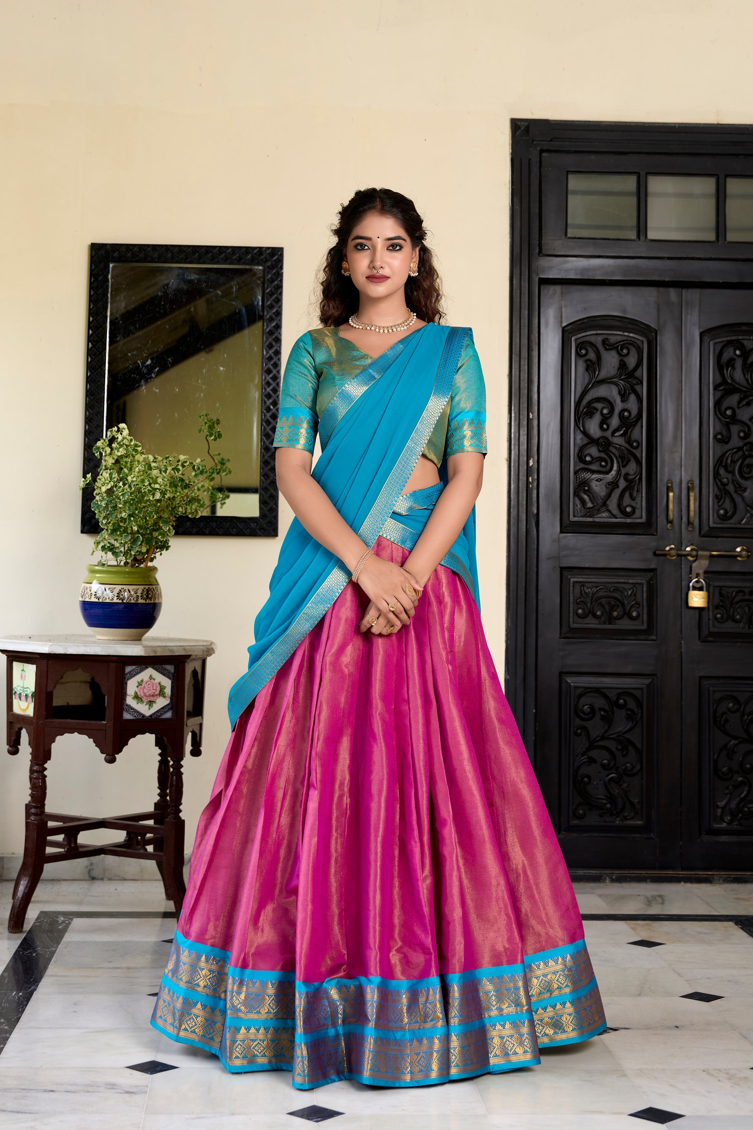 Lorenvalley Pink Kanchipuram Zari Weaving Work Lehenga Choli