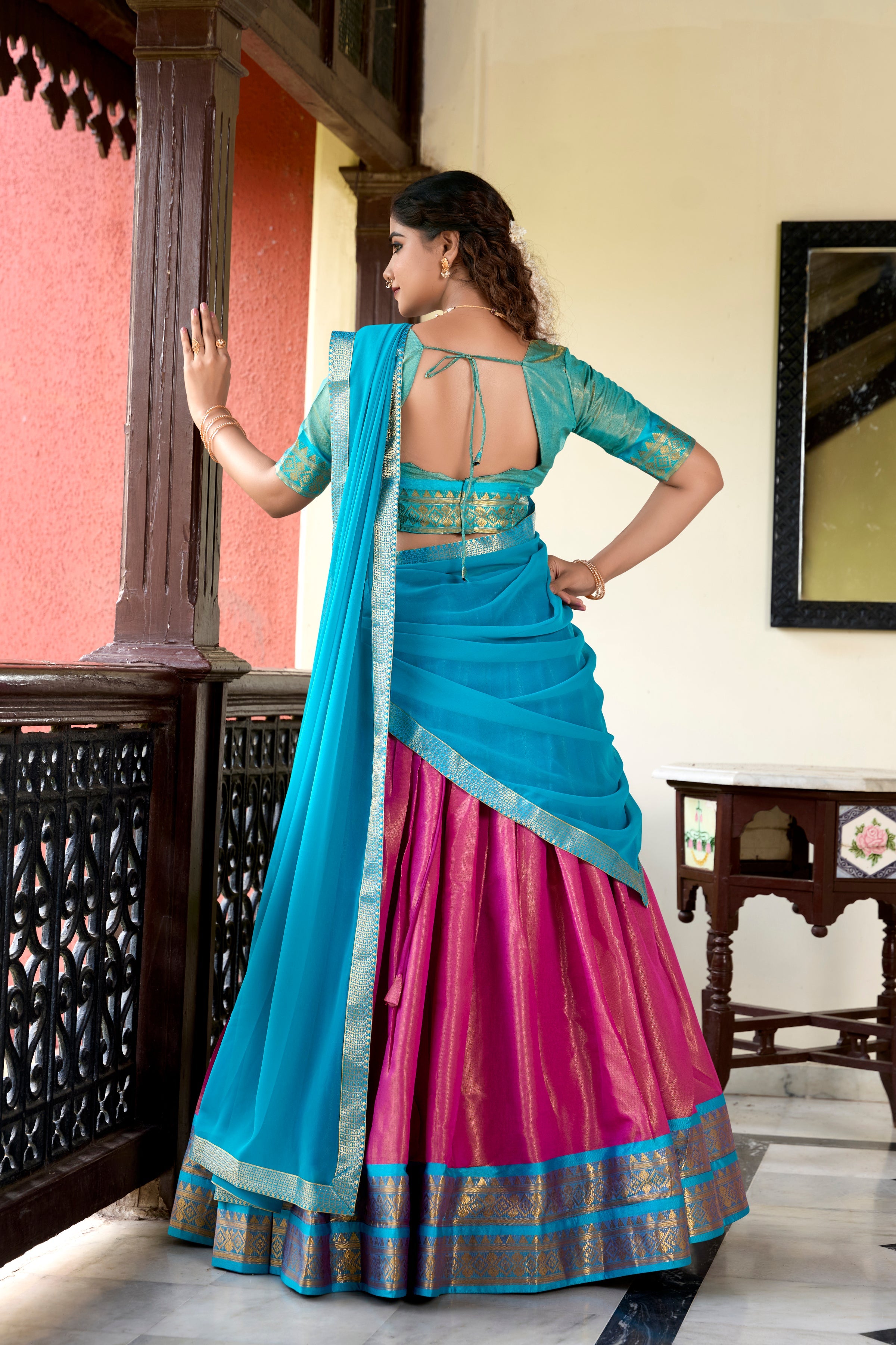 Lorenvalley Pink Kanchipuram Zari Weaving Work Lehenga Choli