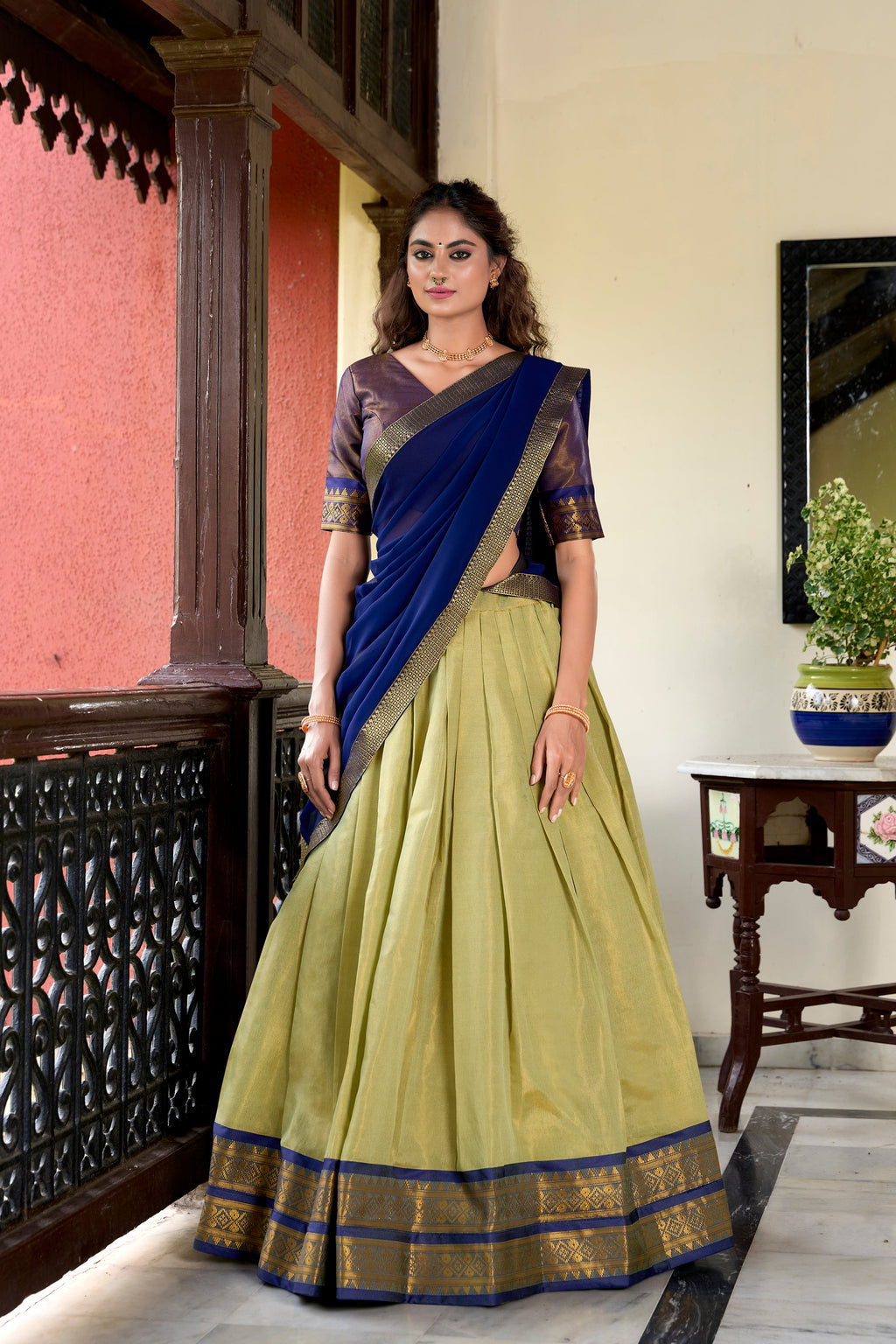 Lorenvalley Pista Kanchipuram Zari Weaving Work Lehenga Choli