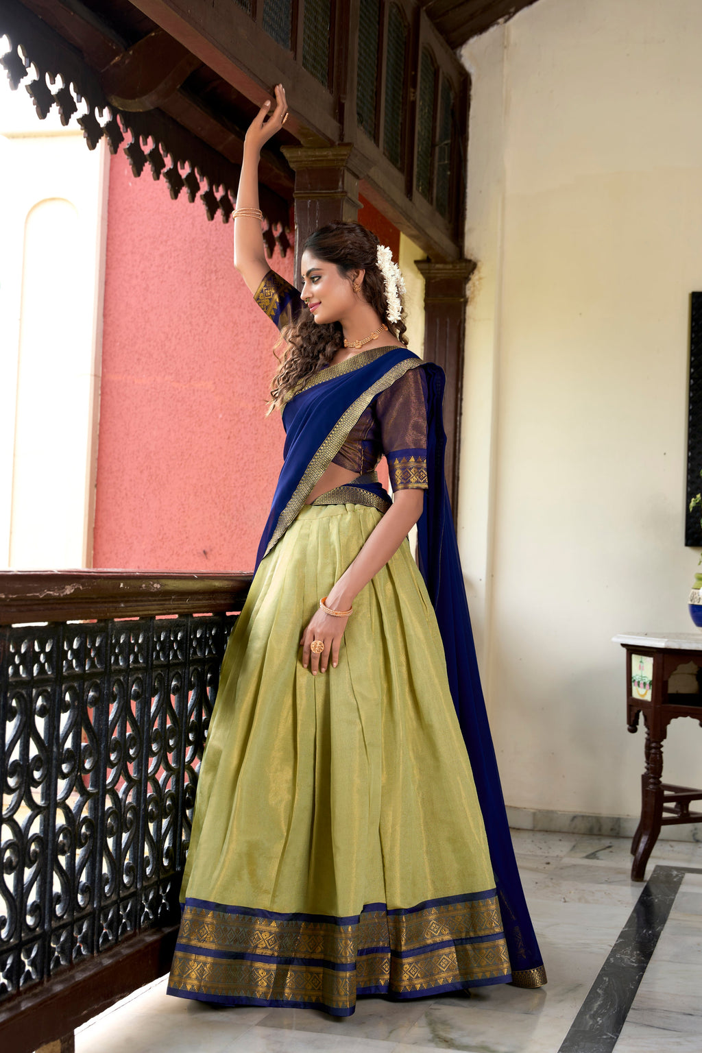 Lorenvalley Pista Kanchipuram Zari Weaving Work Lehenga Choli