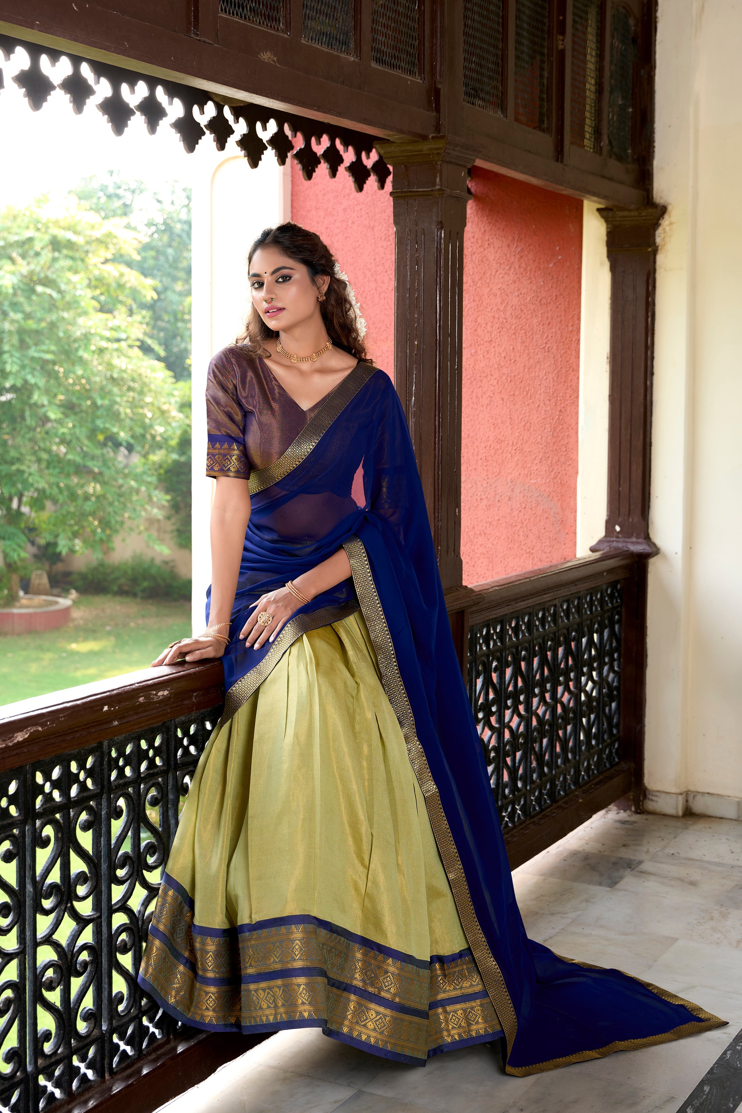 Lorenvalley Pista Kanchipuram Zari Weaving Work Lehenga Choli