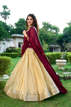 Lorenvalley Cream Kanchipuram Zari Weaving Work Lehenga Choli with Dupatta