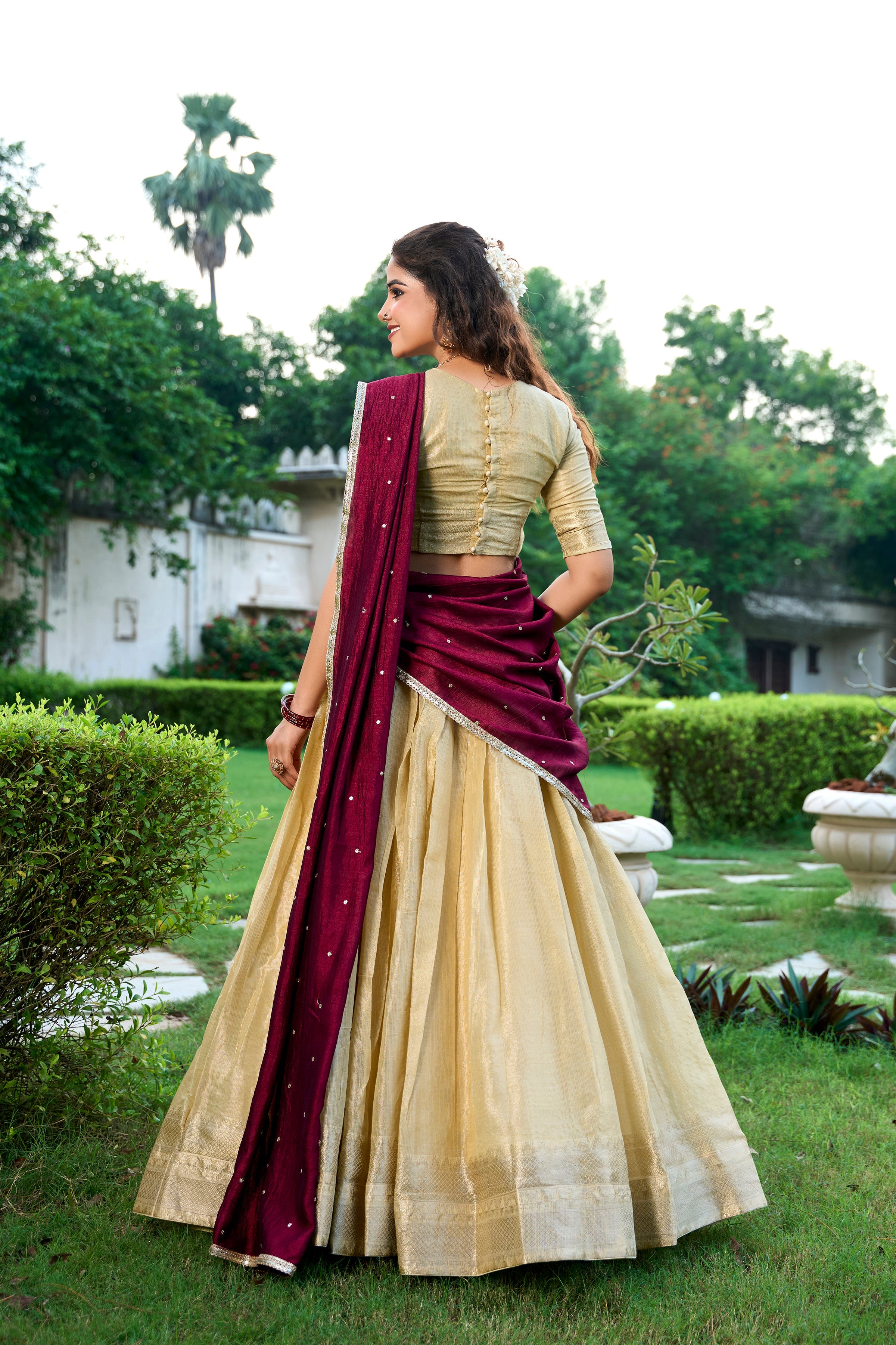 Lorenvalley Cream Kanchipuram Zari Weaving Work Lehenga Choli with Dupatta