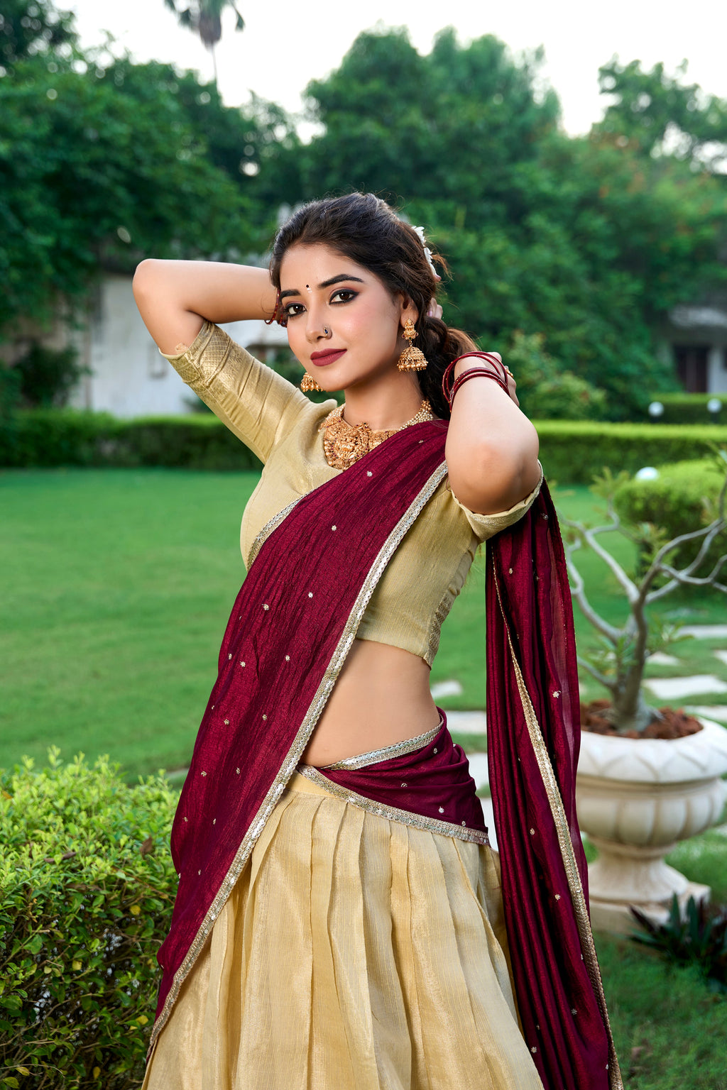 Lorenvalley Cream Kanchipuram Zari Weaving Work Lehenga Choli with Dupatta