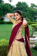 Lorenvalley Cream Kanchipuram Zari Weaving Work Lehenga Choli with Dupatta