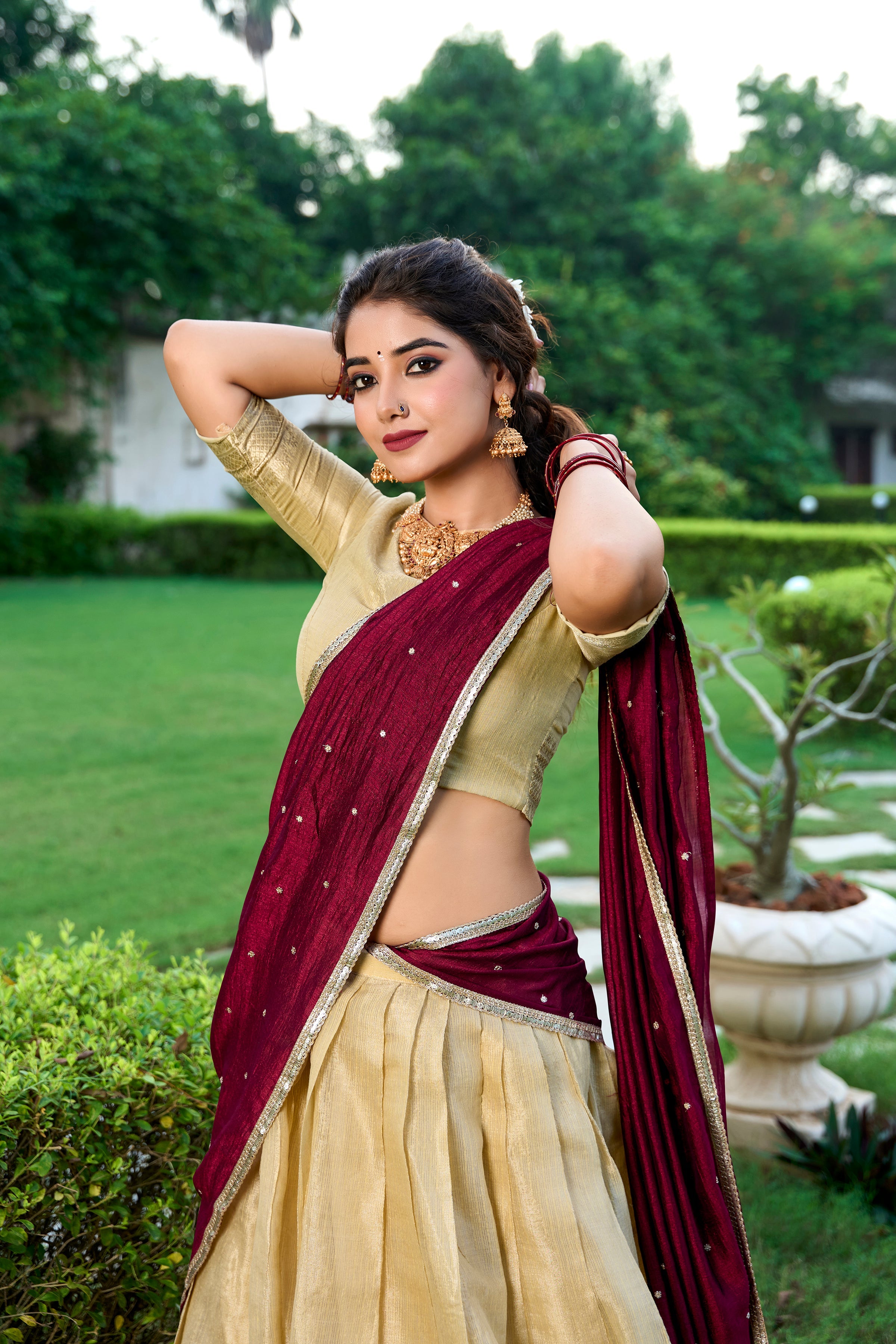 Lorenvalley Cream Kanchipuram Zari Weaving Work Lehenga Choli with Dupatta