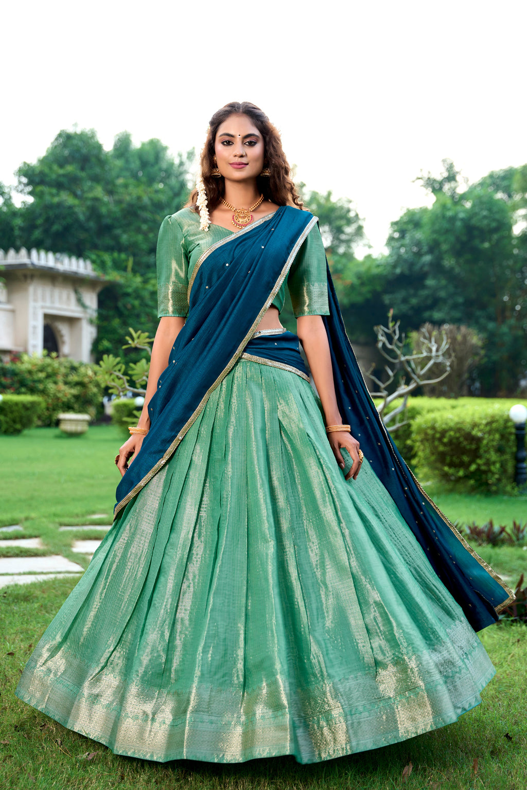 Lorenvalley Pista Kanchipuram Zari Weaving Work Lehenga Choli with Dupatta
