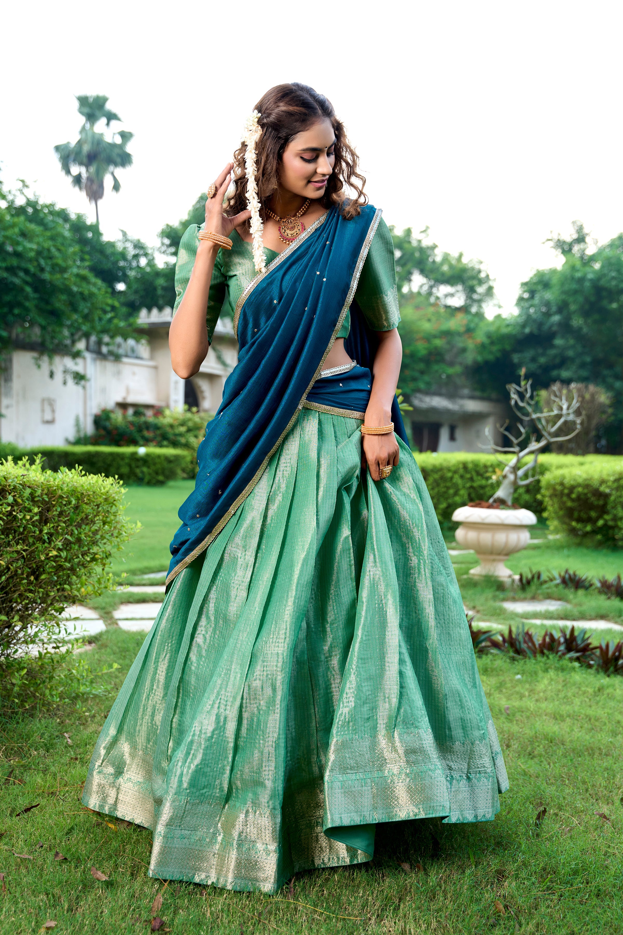 Lorenvalley Pista Kanchipuram Zari Weaving Work Lehenga Choli with Dupatta
