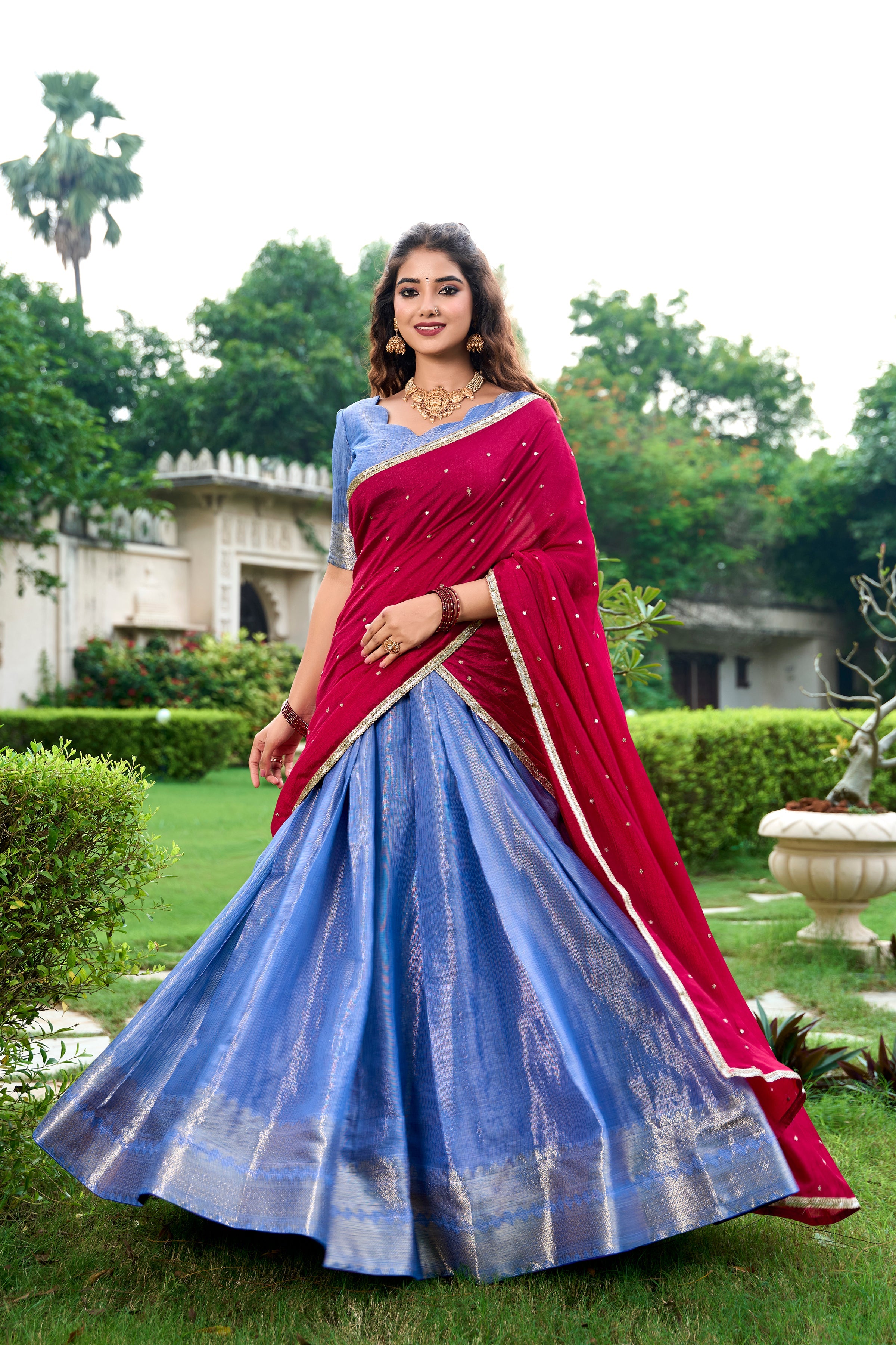 Lorenvalley Royal Blue Kanchipuram Zari Weaving Work Lehenga Choli with Dupatta