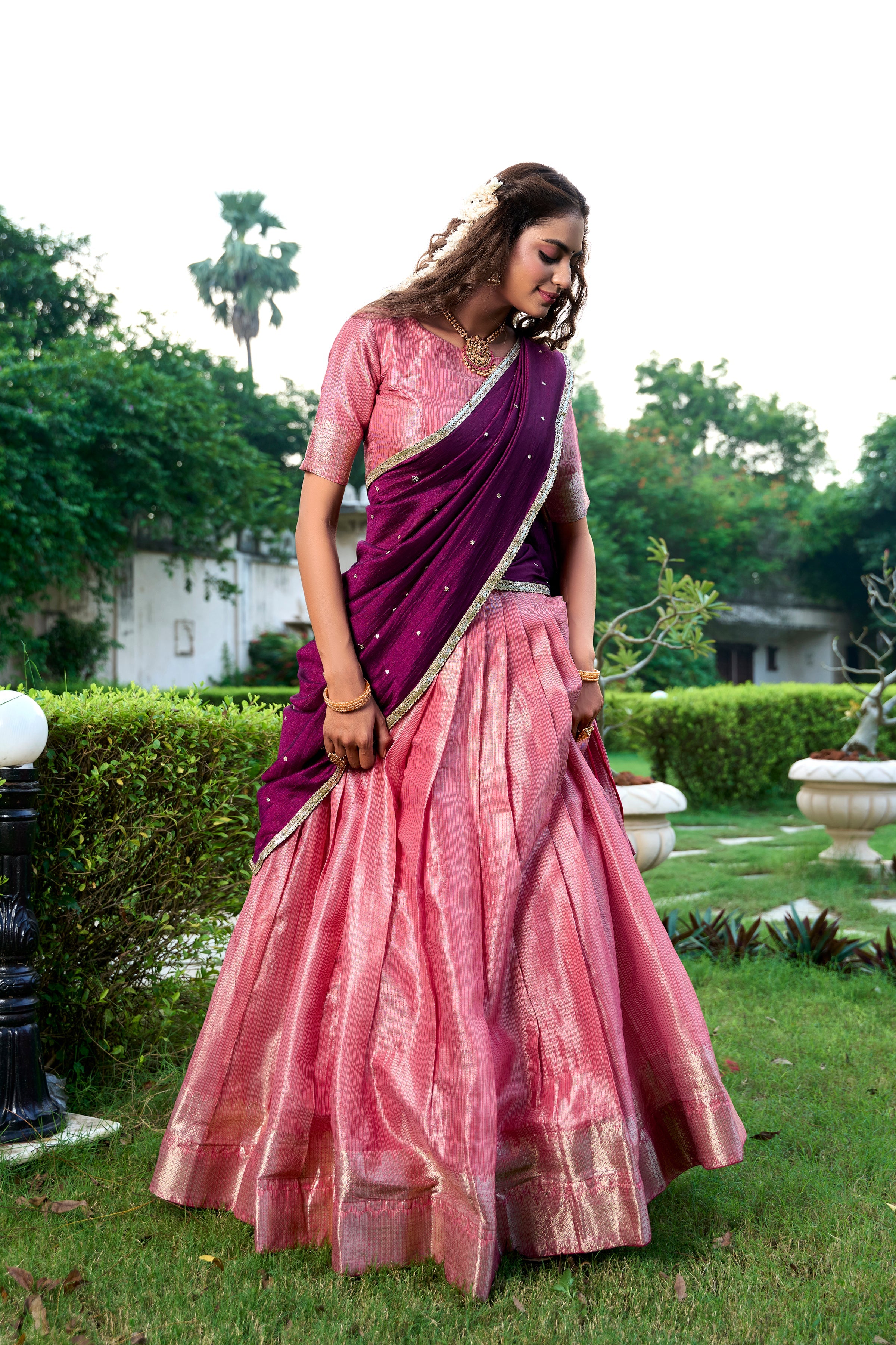Lorenvalley Pink Kanchipuram Zari Weaving Work Lehenga Choli with Dupatta