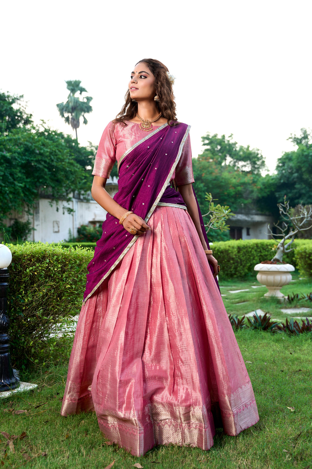 Lorenvalley Pink Kanchipuram Zari Weaving Work Lehenga Choli with Dupatta
