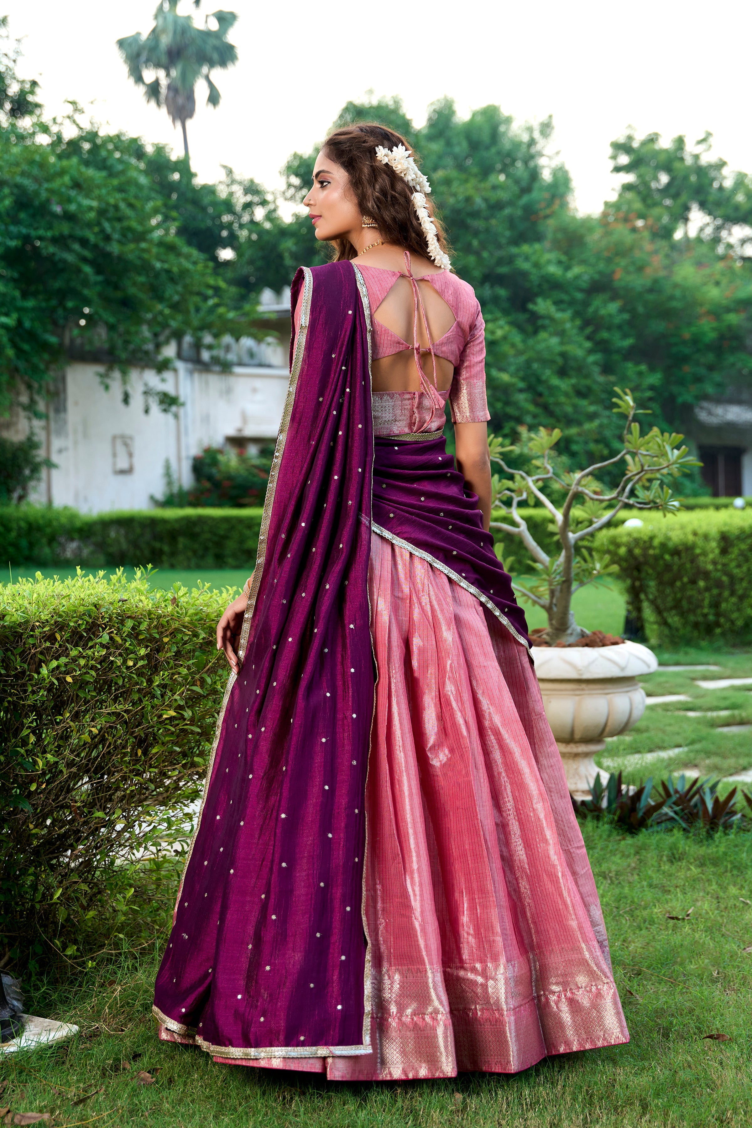 Lorenvalley Pink Kanchipuram Zari Weaving Work Lehenga Choli with Dupatta