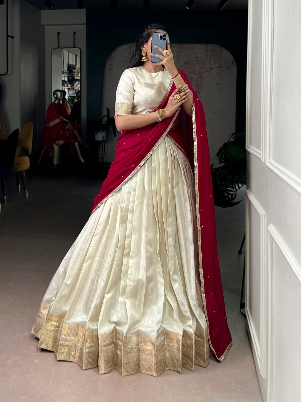 Lorenvalley Fashion Offwhite Dola Silk Zari Weaving Border Lehenga Choli with Dupatta - Distacart
