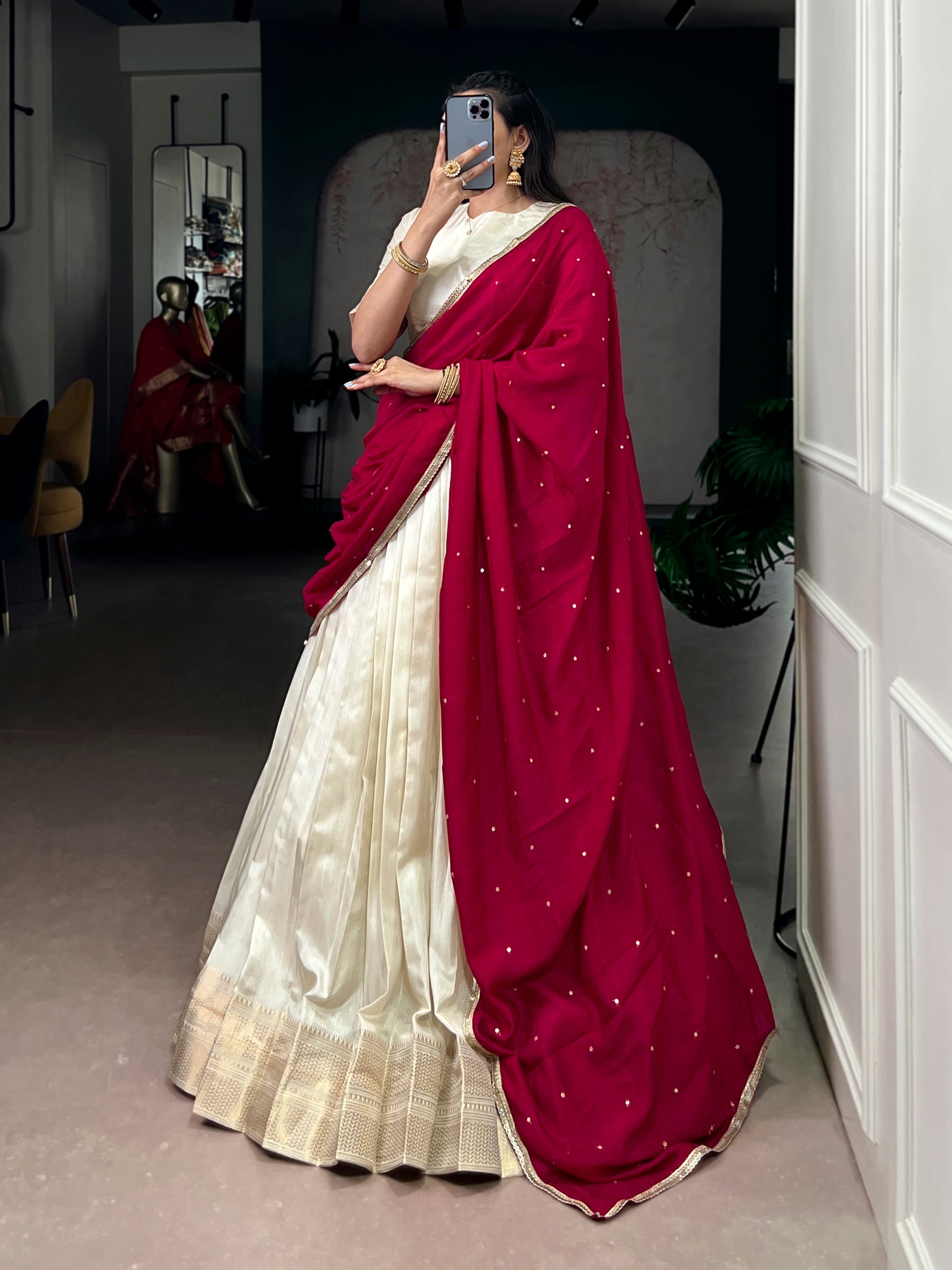 Lorenvalley Fashion Offwhite Dola Silk Zari Weaving Border Lehenga Choli with Dupatta - Distacart