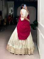 Lorenvalley Fashion Offwhite Dola Silk Zari Weaving Border Lehenga Choli with Dupatta - Distacart