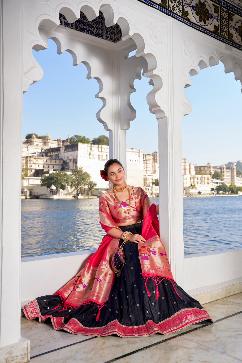 Lorenvalley Black Jacquard Silk Paithani Weaving Zari Work with Lace Touch Up Lehenga Choli with Dupatta