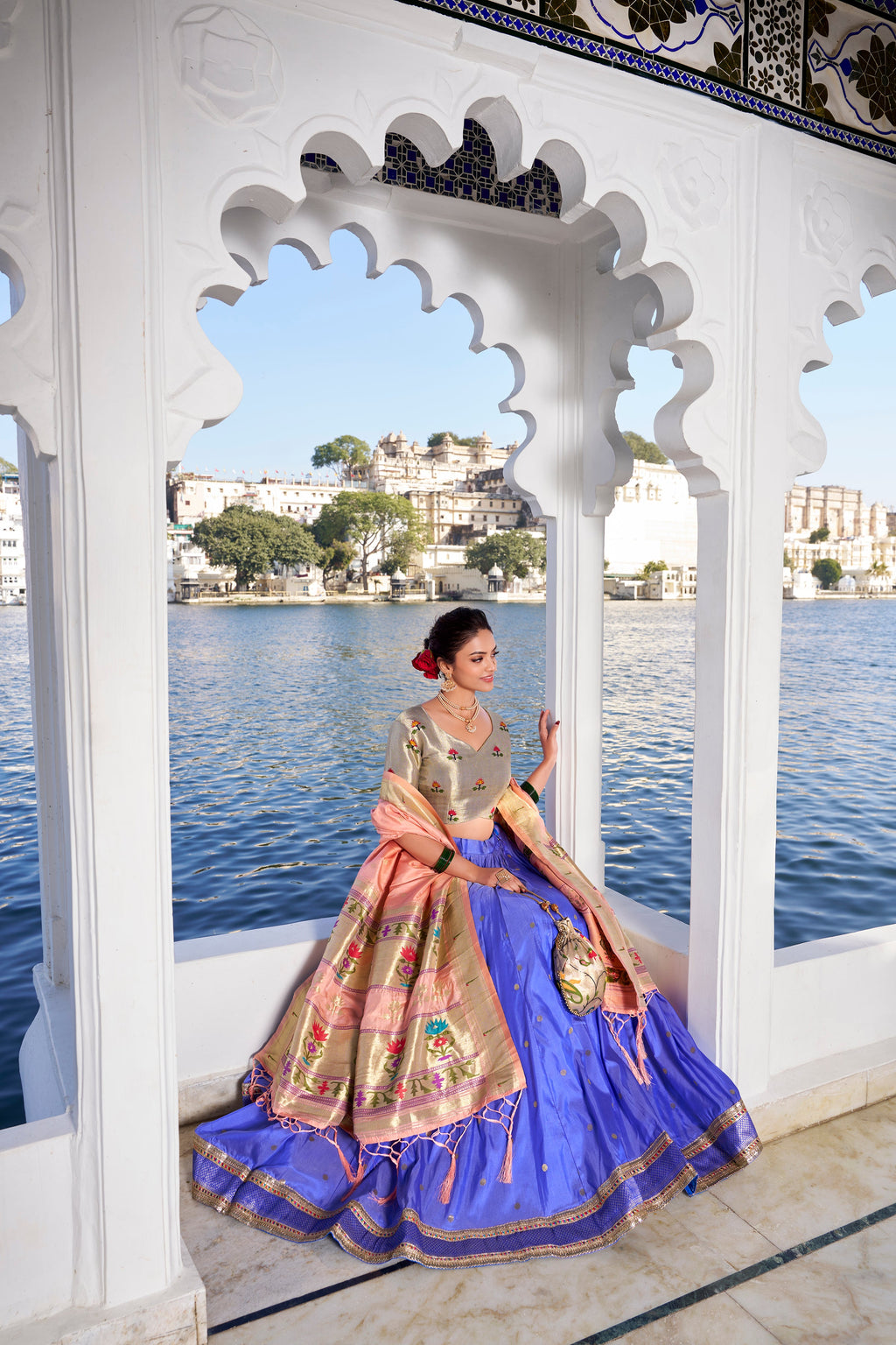 Lorenvalley Blue Jacquard Silk Paithani Weaving Zari Work with Lace Touch Up Lehenga Choli with Dupatta
