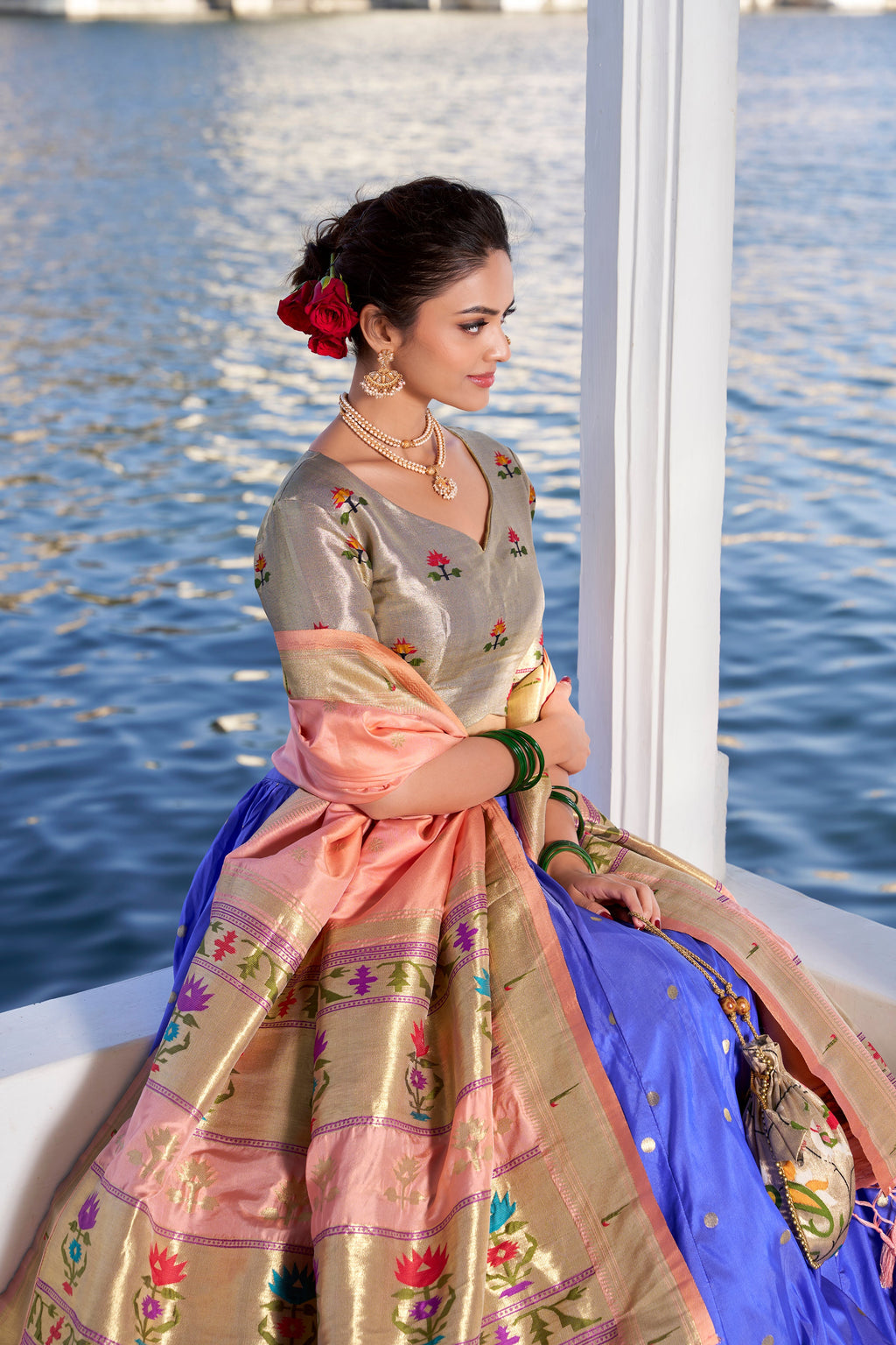 Lorenvalley Blue Jacquard Silk Paithani Weaving Zari Work with Lace Touch Up Lehenga Choli with Dupatta