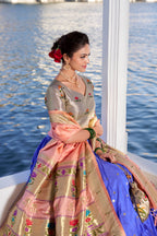 Lorenvalley Blue Jacquard Silk Paithani Weaving Zari Work with Lace Touch Up Lehenga Choli with Dupatta