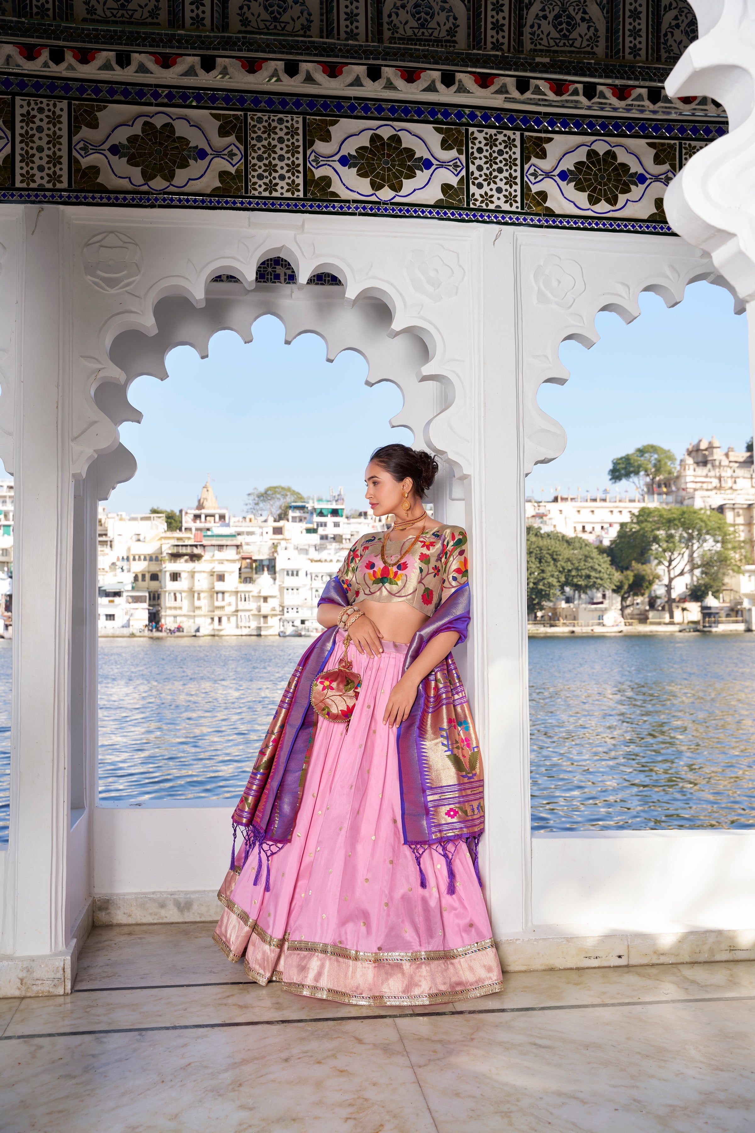 Lorenvalley Pink Jacquard Silk Paithani Weaving Zari Work with Lace Touch Up Lehenga Choli with Dupatta
