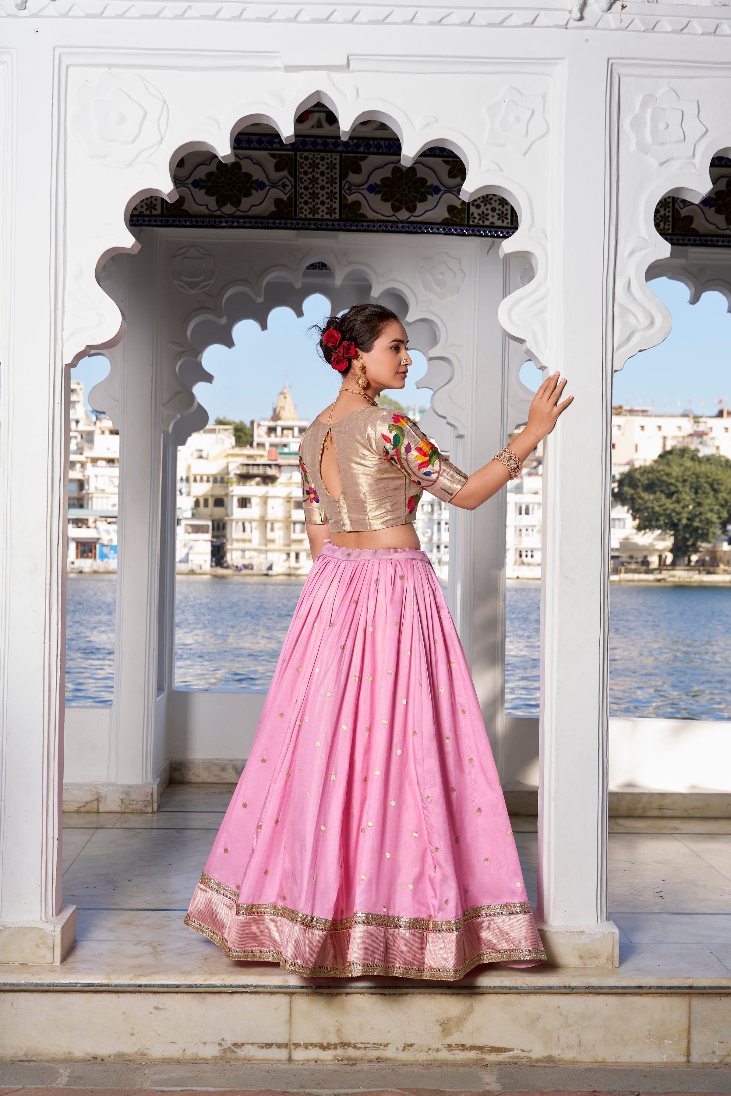 Lorenvalley Pink Jacquard Silk Paithani Weaving Zari Work with Lace Touch Up Lehenga Choli with Dupatta