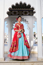 Lorenvalley Sky Blue Jacquard Silk Paithani Weaving Zari Work with Lace Touch Up Lehenga Choli with Dupatta