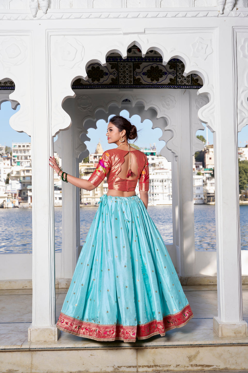 Lorenvalley Sky Blue Jacquard Silk Paithani Weaving Zari Work with Lace Touch Up Lehenga Choli with Dupatta